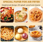 A promotional collage for air fryer paper liners, featuring the text 'SPECIAL PAPER FOR AIR AIR FRYER' at the top and six sample photos of food cooked in paper liners: roasted chicken, pizza, fried chicken, fries, mini pastries, and a tart. The background is a warm beige.