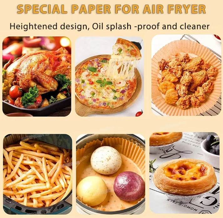 A promotional collage for air fryer paper liners, featuring the text 'SPECIAL PAPER FOR AIR AIR FRYER' at the top and six sample photos of food cooked in paper liners: roasted chicken, pizza, fried chicken, fries, mini pastries, and a tart. The background is a warm beige.