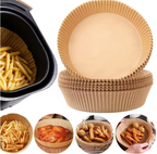 A set of light brown paper air fryer basket liners shown with an air fryer basket containing fries, plus four smaller circular inset photos demonstrating use with fries, chicken, fries, and chicken wings.