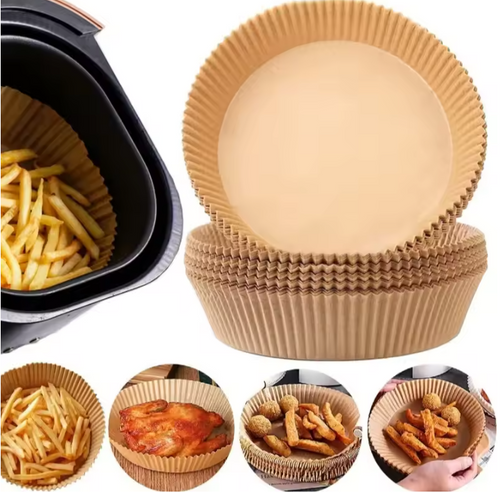 A set of light brown paper air fryer basket liners shown with an air fryer basket containing fries, plus four smaller circular inset photos demonstrating use with fries, chicken, fries, and chicken wings.