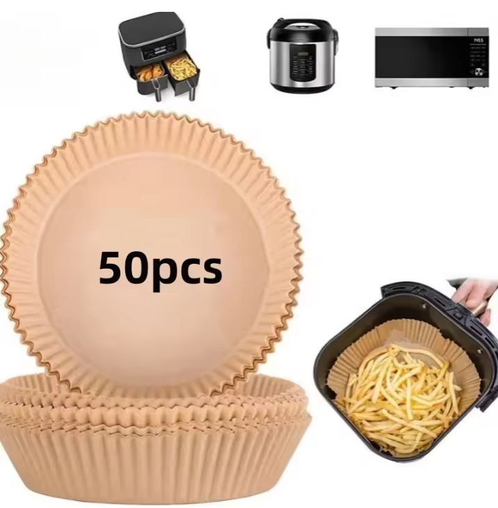 50 pieces of beige Air Fryer Paper Trays shown with an air fryer, pressure cooker, and microwave on a white background.