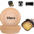 50 pieces of beige Air Fryer Paper Trays shown with an air fryer, pressure cooker, and microwave on a white background.