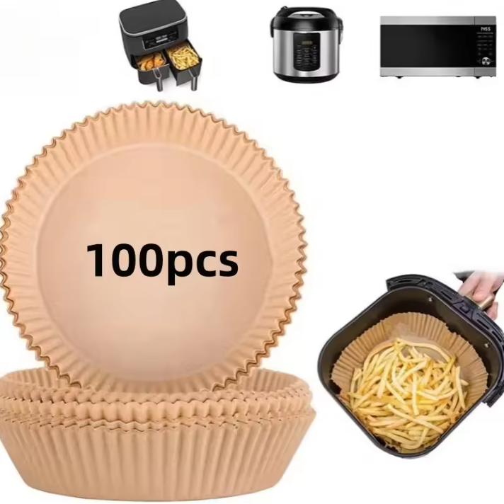 A set of 100 beige disposable Air Fryer Paper Trays shown on a white background, with small inset photos demonstrating use in an air fryer, pressure cooker, and microwave, plus a hand holding one basket filled with fries.
